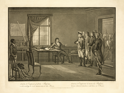 Paul I, Emperor of all the Russias, condescending to visit Kościusko in the prison, pub. 1801 (engraving)