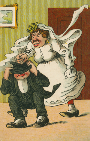 Bride flattening her husband's hat (colour litho)
