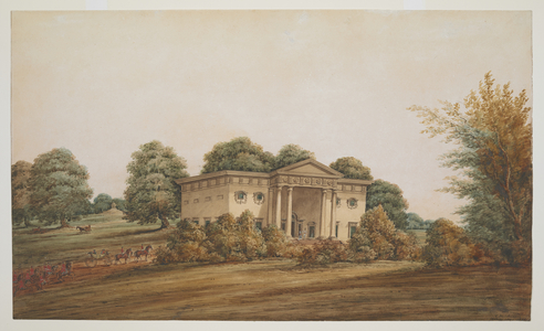 A palladian garden house in a park-like landscape, Delhi, with a carriage and outriders approaching, 1820 (w/c on paper) 
