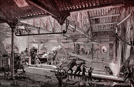 Manufacture of railway tracks, 1897 (engraving)