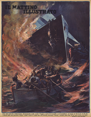 Disastrous collision between the passenger ship Fairfax and the oil tanker Pinthis off Scituate, Massachusetts, USA, 10 June 1930 (colour litho)