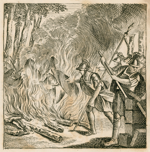 Roman soldiers burning druids in their sacred groves on Anglesey, 60 (engraving)
