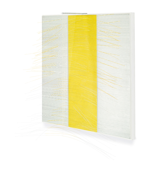 Triptych with Yellow; Triptico con amarillo, 1973 (acrylic, metal rods and nylon strings on wood panel)