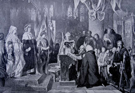 Engraving depicting representatives of Berlin and Cologne swearing allegiance to King Frederick IV