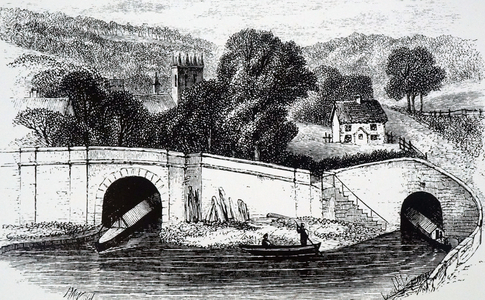 An engraving depicting the northern entrance to the Harecastle tunnel on the Grand Trunk Canal (Trent and Mersey Canal). The entry on the right is Brindley's and that on the left Telford's, 19th century