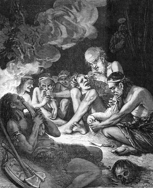 Cannibals of New Guinea with Chief Eating Eye, 1878 (engraving)