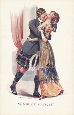 Scotsman in Highland dress and a woman in a passionate embrace (colour litho)