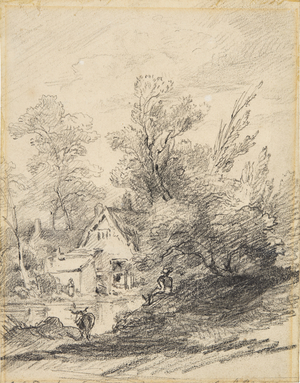 Cottages by a pond (Well Walk, Hampstead), 1827 (pencil)