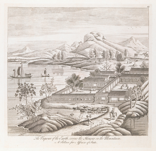 A view of mounds with trees and sailing ships on a lake or river on the left and figures on a road leading to courtyard buildings and a strip of land on the right. A landscape with trees and mountains in the background