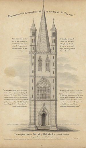 The original ancient steeple of St Michael in Cornhill (engraving)