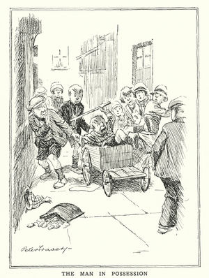 Children riding in a cart (litho)