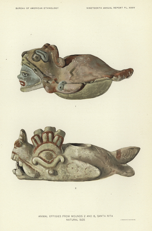 Animal effigies from mounds 2 and 6, Santa Rita (colour litho)