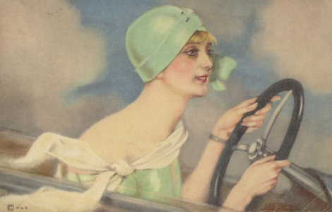 Woman driving a car (colour litho)