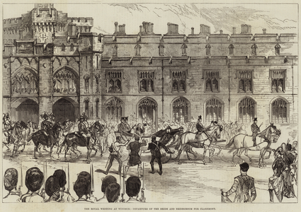 The Royal Wedding at Windsor, Departure of the Bride and Bridegroom for Claremont (engraving)