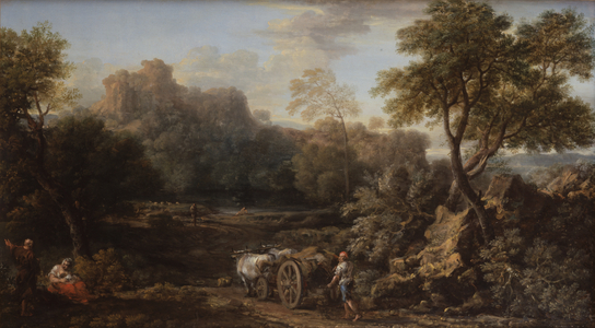 A Rustic with ox cart and other Travellers in a Wooded Landscape, c.1740 (oil on canvas)