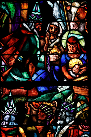 Nativity. Adoration of the Child Jesus by the three wise men or Magi (stained glass)