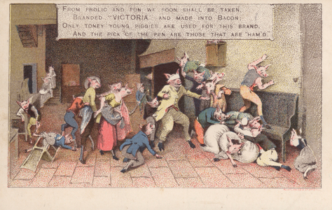 Pigs playing blind man's buff (chromolitho)