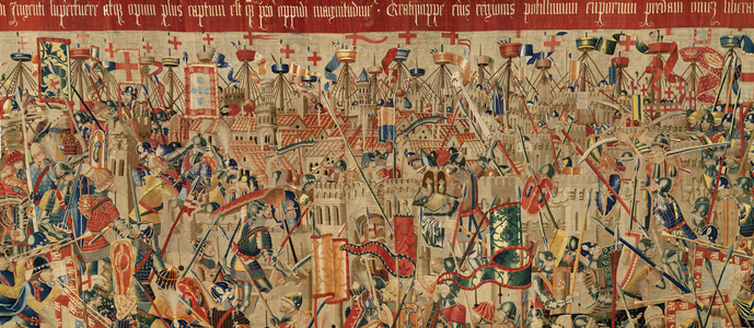 Parish museum of tapestries (Museo Parroquial de Tapices de Pastrana). Flemish tapestry. Take of Arcila (Toma de Arcila, Asalto de Arcila, De inname van Arzila). Series Conquests of king Alfonso I of Portugal (Conquistas de Alfonso V de Portugal). Tournai. Wool and silk. 368x1108cm. Ca 1472-1480. Detail.