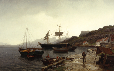 Fishing smack (boat) in harbour, Kleven, Mandal, 1875 (oil on canvas)
