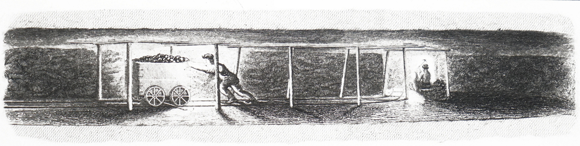 An engraving depicting a putter pushing a wagon of coal along the rail track from the coal face to the pit shaft, 19th century
