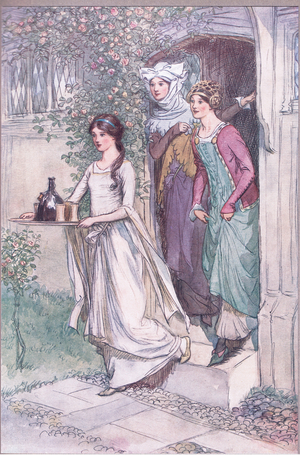 "Enter Anne Page with wine, Mistress Ford and Mistress Page following", illustration from 'The Merry Wives of Windsor ', 1910 (colour litho)