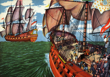 History. France. The french privateer Jean Bart follows a duch ship. Illustration in: Belles images d'histoire (schoolbook) , by H. Geron, France, c.1948 Coll. Part. (print)