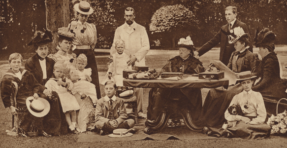 Queen Victoria with family at Osborne House, Isle of Wight (b/w photo)