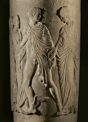 Hermes with chlamis and winged sandal leads Myrrhine bythe hand towards the Acheron, the river of Death