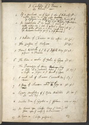 Add. 34360, f.3 Catalogue page, from 'A collection of English poems, chiefly by John Lydgate, with a few by, or attributed to, Geoffrey Chaucer' (ink on paper)