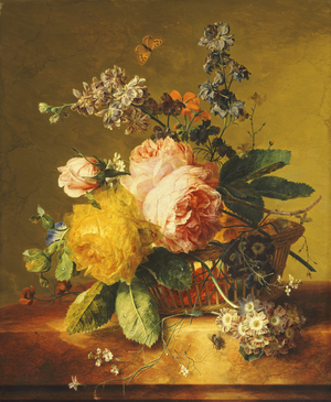 Roses and other Flowers in a Basket on a Marble Ledge, c.1742 (oil on panel)