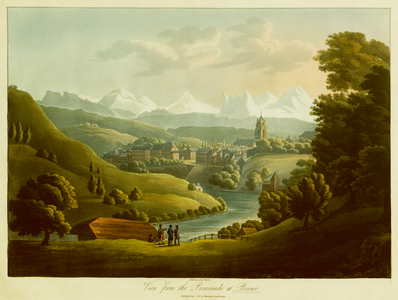 Four men stand by a bridge over the Aare River in the foreground, with a view of the city of Bern and the Alps in the background