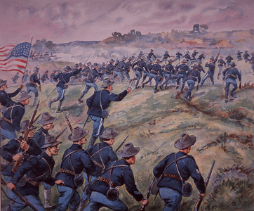 Spanish-American War 1898, US troops storm San Juan Heights in Cuba (colour litho)