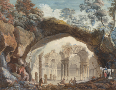 Architectural Fantasy: Ruins of a Circular Temple Seen through a Natural Arch, c.1785 (gouache on paper)