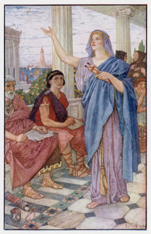 "Synesius attends the lectures of Hypatia" (colour litho)