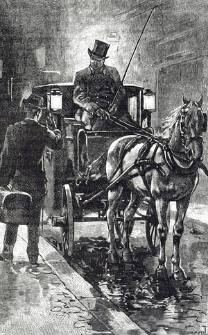 An engraving depicting a Fiacre, a form of a hackney coach, a horse-drawn four-wheeled carriage for hire, 19th century
