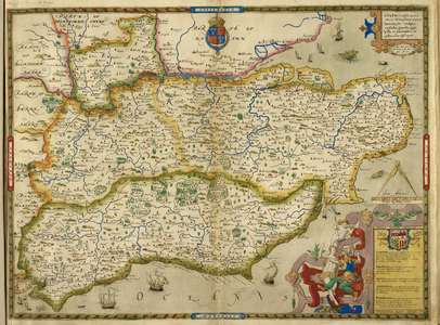 Map of Sussex, Surrey and Middlesex, 1579 (coloured engraving)