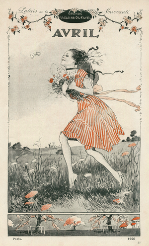 April, happy woman picking flowers in a field, c.1920 (illustration)