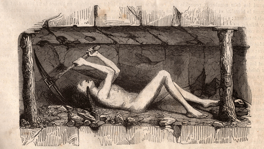 A young man, lying to the ground and picking the ceiling of tunnel in an English coal mine (emgraving)