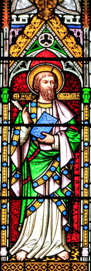 St. Matthew, stained glass window, by William Wailes, 1853, Swaffham, Norfolk, England, UK