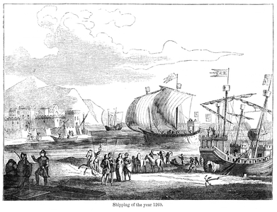 Shipping of the year 1269, Illustration from John Cassell's Illustrated History of England, Vol. I from the earliest period to the reign of Edward the Fourth, Cassell, Petter and Galpin, 1857 (litho)