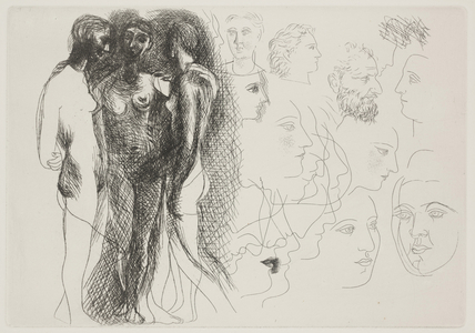 Three Standing Nudes, at Right, Sketches of Heads, 1927 (etching)