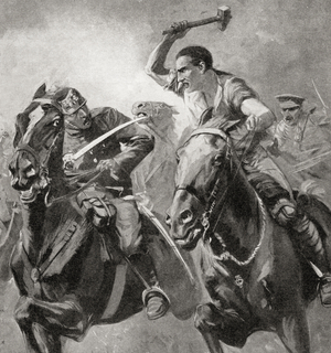 A regimental blacksmith attached to the 6th Dragoons, joins in the fighting using only his strength and a hammer, France during WWI (litho)