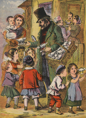Man selling toy lambs (colour litho)