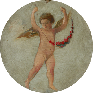 Putto flying with a Garland of Flowers  (oil on canvas)
