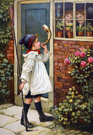 A young boy blowing a horn outside of his home