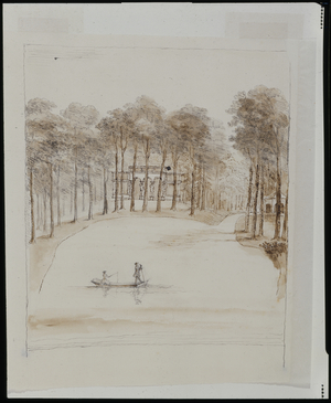 Birdhouse at Chiswick; pool with a couple in a boat, the woman fishing (pen & brown wash over pencil on paper)