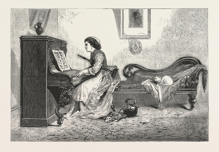 Artistic Recreation., Piano, Playing, Female, Woman, Interior, Cat, Room, Engraving 1876, UK