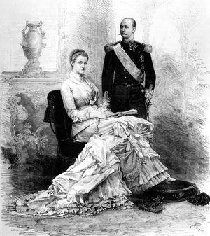 George 1st (1845-1913) king of Greece in 1863-1913, with his wife queen Olga (1851-1931), drawing by M De Haene in 1821