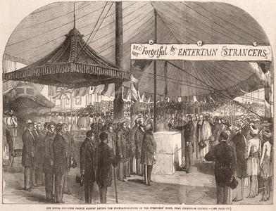 His Royal highness, Prince Albert laying the foundation-stone of the stranger's home, near Limehouse church'. 

The Stranger's Home in London, which was established in 1857 at West India Dock Road, Limehouse offered a comfortable and respectable lodging to every class of Asian, African and South-Sea Islander who came to England.