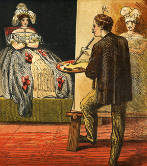 The Artist painting a portrait in his studio, 1867 (colour litho)